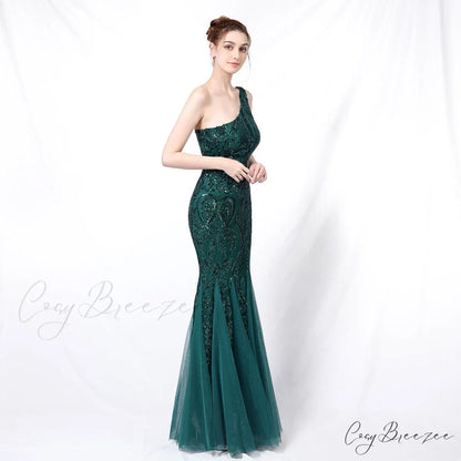 Emily formal one-shoulder Charming sequined mesh fishtail dress