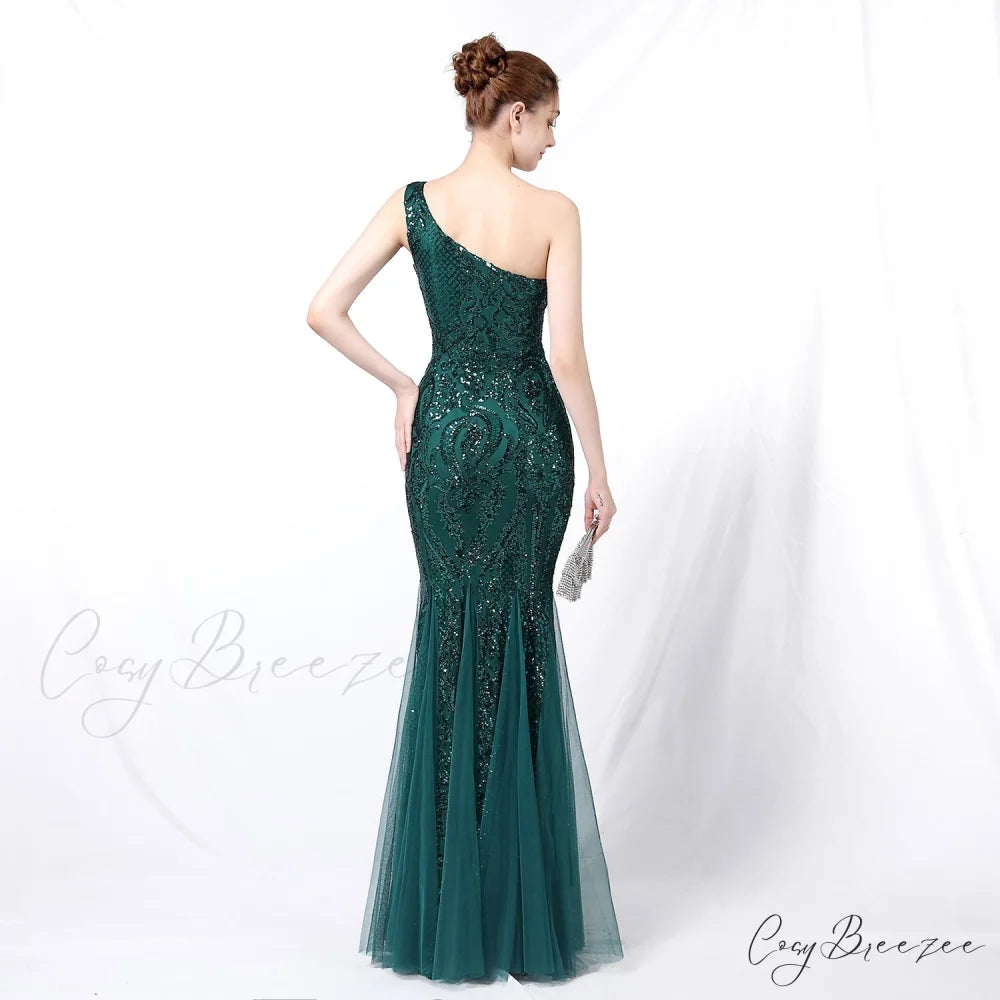 Emily formal one-shoulder Charming sequined mesh fishtail dress