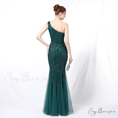 Emily formal one-shoulder Charming sequined mesh fishtail dress