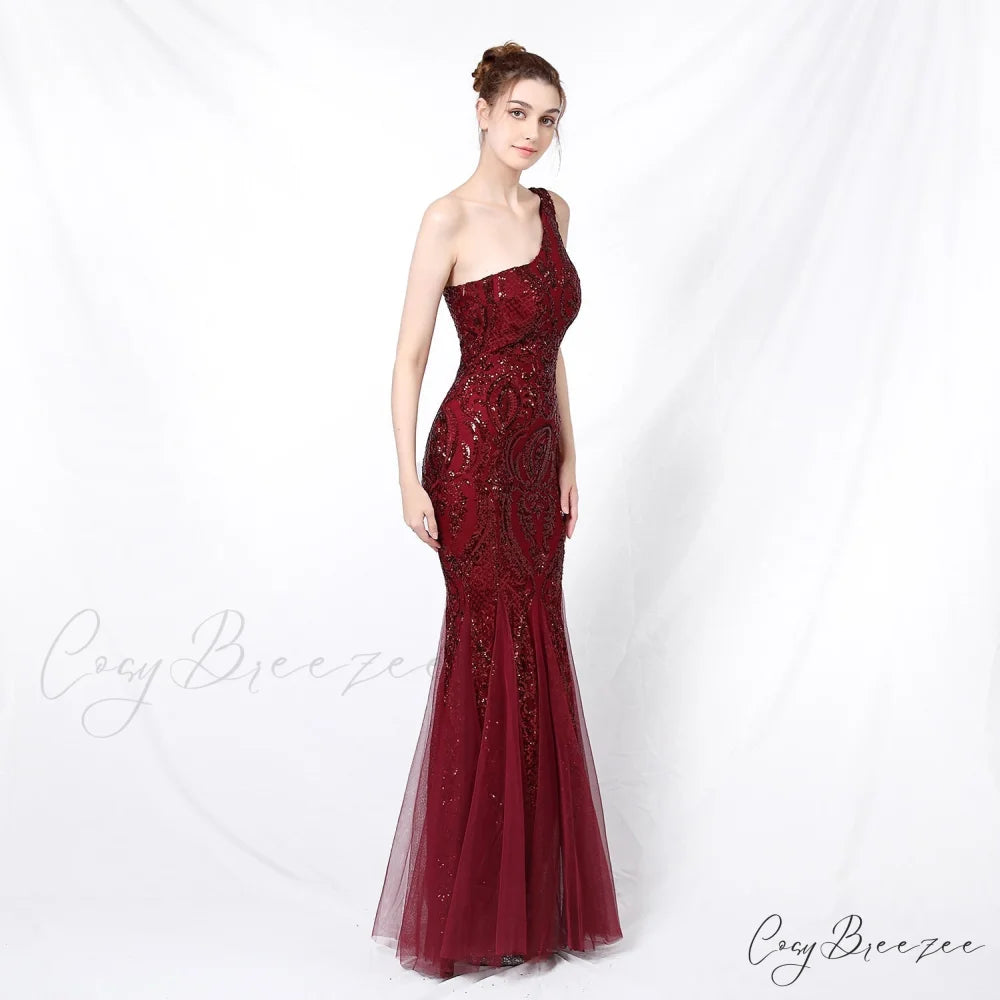 Emily formal one-shoulder Charming sequined mesh fishtail dress