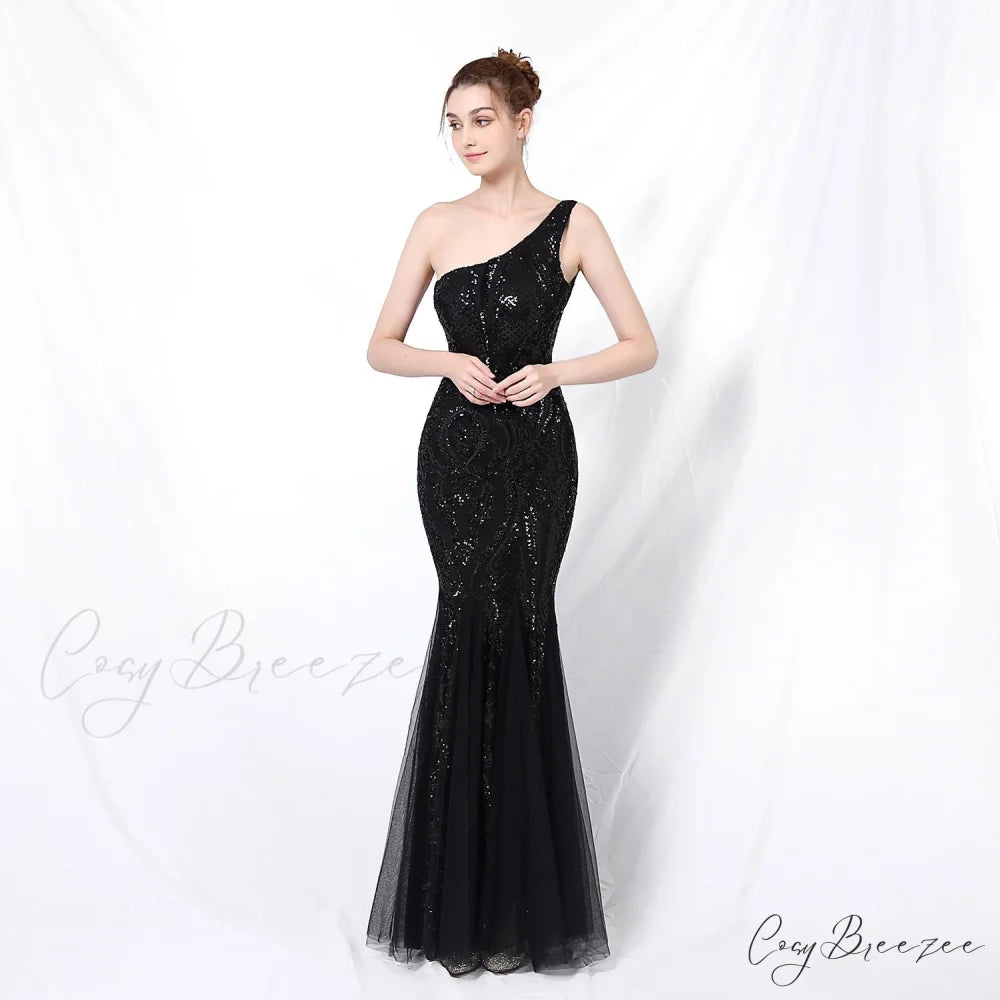 Emily formal one-shoulder Charming sequined mesh fishtail dress BLACK / XS