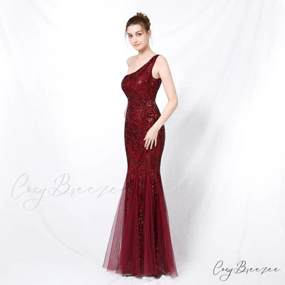 Emily formal one-shoulder Charming sequined mesh fishtail dress BURGUNDY / XS