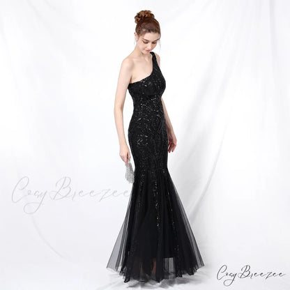 Emily formal one-shoulder Charming sequined mesh fishtail dress GOLD / XS