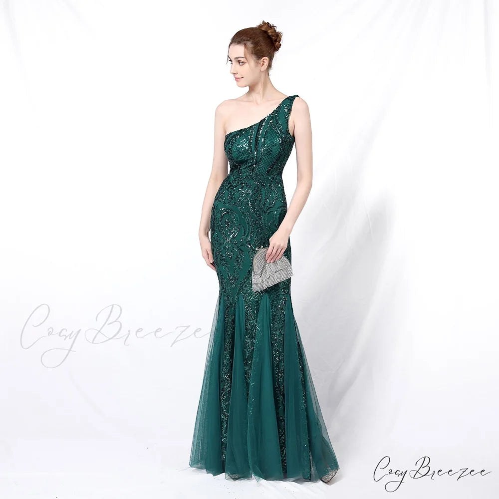 Emily formal one-shoulder Charming sequined mesh fishtail dress HUNTER / XS