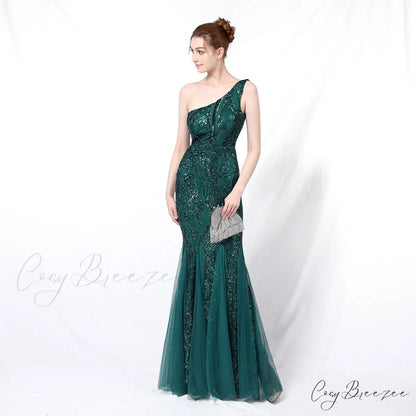 Emily formal one-shoulder Charming sequined mesh fishtail dress HUNTER / XS