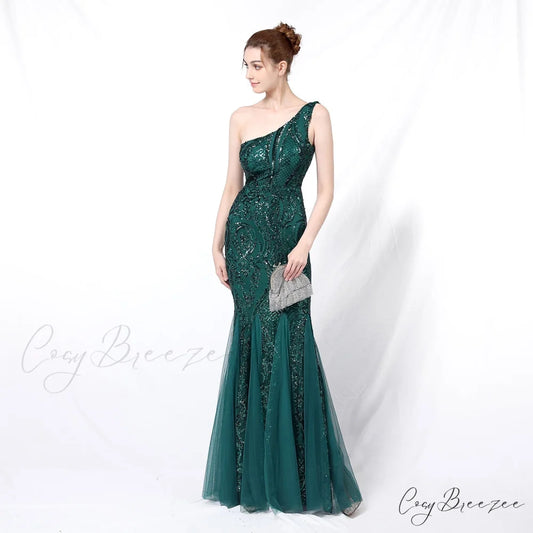 Emily formal one-shoulder Charming sequined mesh fishtail dress HUNTER / XS