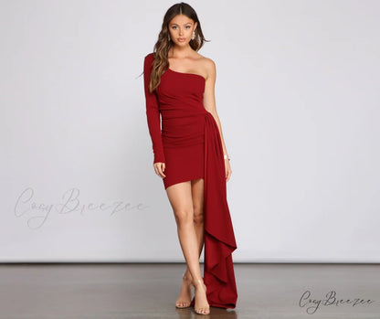 Emily One Shoulder Charming Pleated Asymmetric Mini Dress BURGUNDY / XS