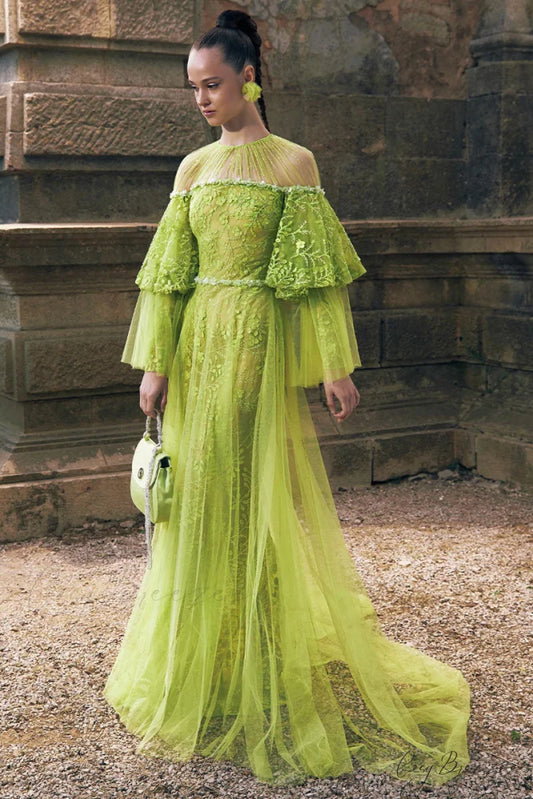 Emmaline Tiered Graceful Lace Maxi Dress Neon Green / 2