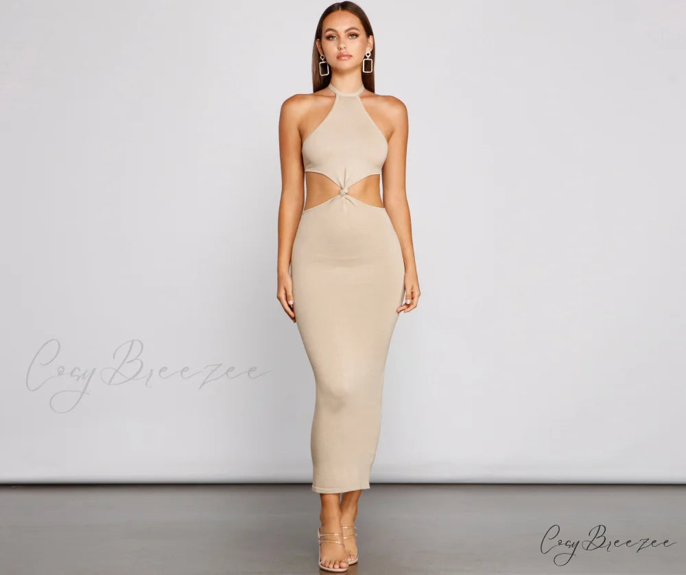 Endless Summer Stylish Halter Cutout Dress TAUPE / S