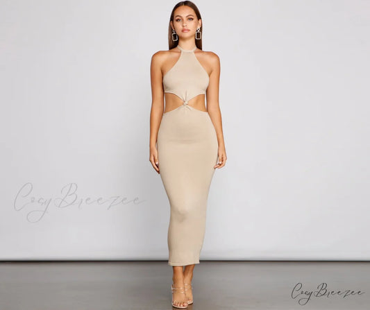 Endless Summer Stylish Halter Cutout Dress TAUPE / S