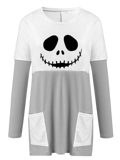 Abstract Women's Design Black Painting Shirts Round Neck Block White Halloween Long Tunic Plaid Weekend and for and Arm Color Wine in Pocket with Design