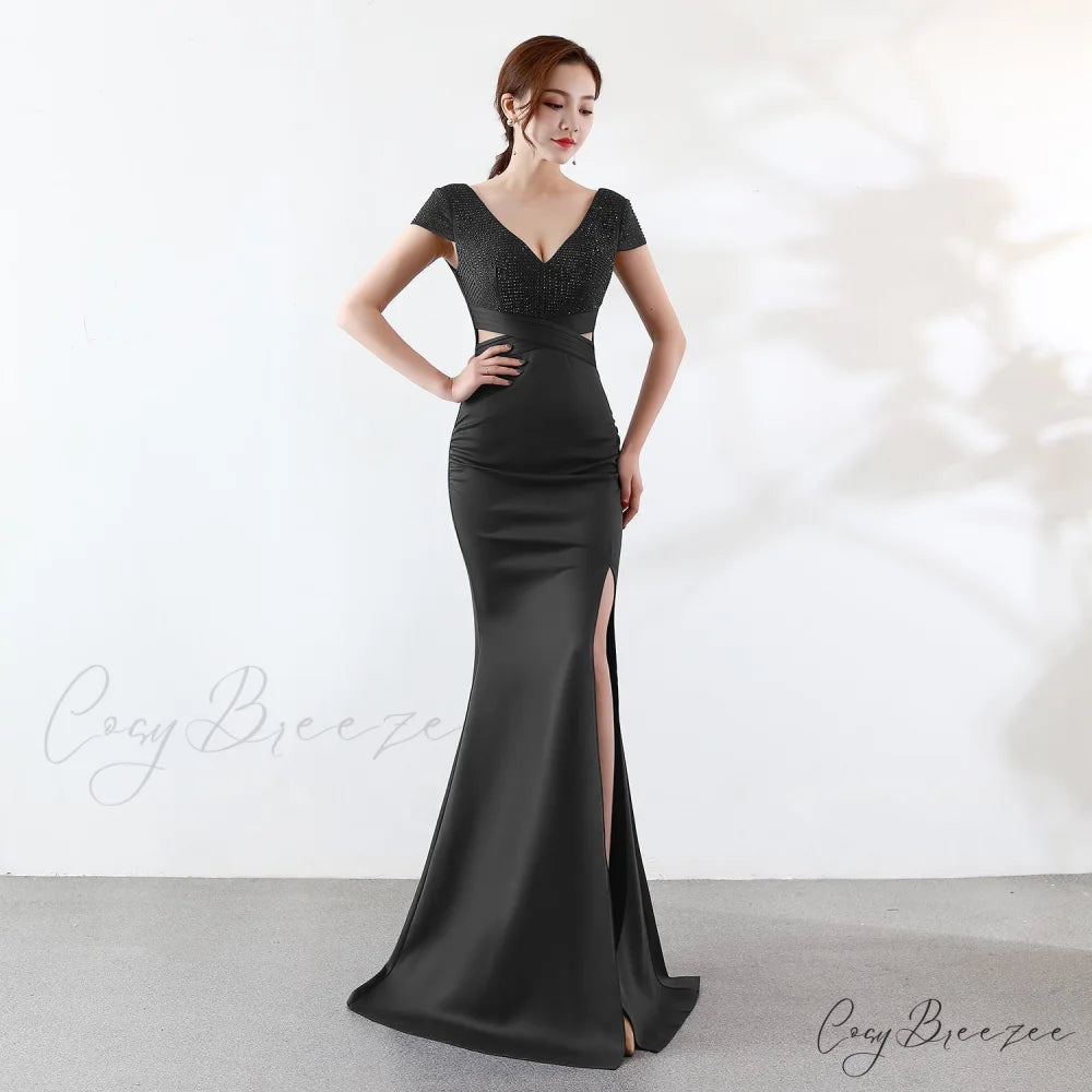 Eremi slim fit Charming long fishtail dress BLACK / XS