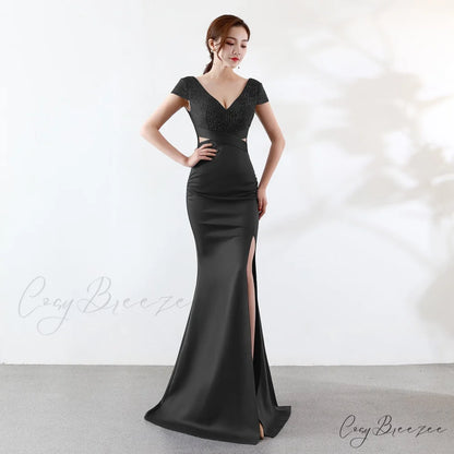 Eremi slim fit Charming long fishtail dress BLACK / XS
