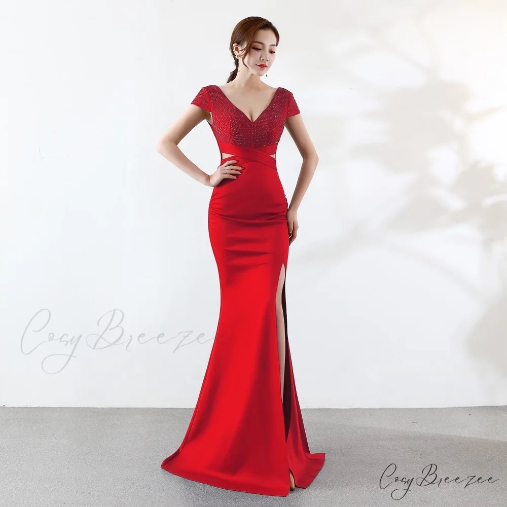Eremi slim fit Charming long fishtail dress RED / XS
