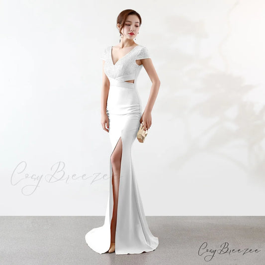 Eremi slim fit Charming long fishtail dress WHITE / XS