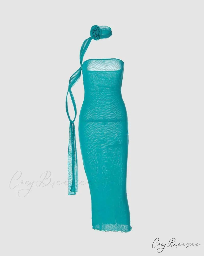 Esadora Flora Neckpiece Charming Maxi Tube Dress Blue / XS