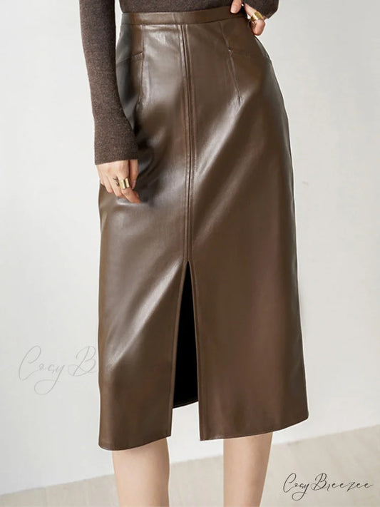 Eternity Nightshade Graceful PU Leather Skirt Brown / XS