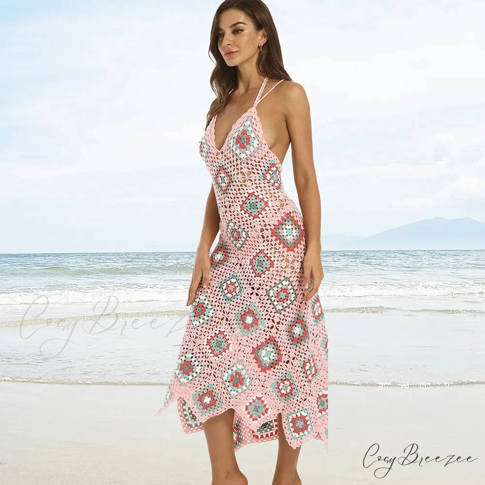 Ethnic Pattern Knitted Crochet Boho Dress bohodress-250126