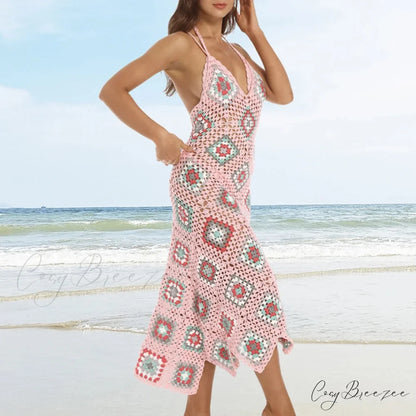 Ethnic Pattern Knitted Crochet Boho Dress bohodress-250126