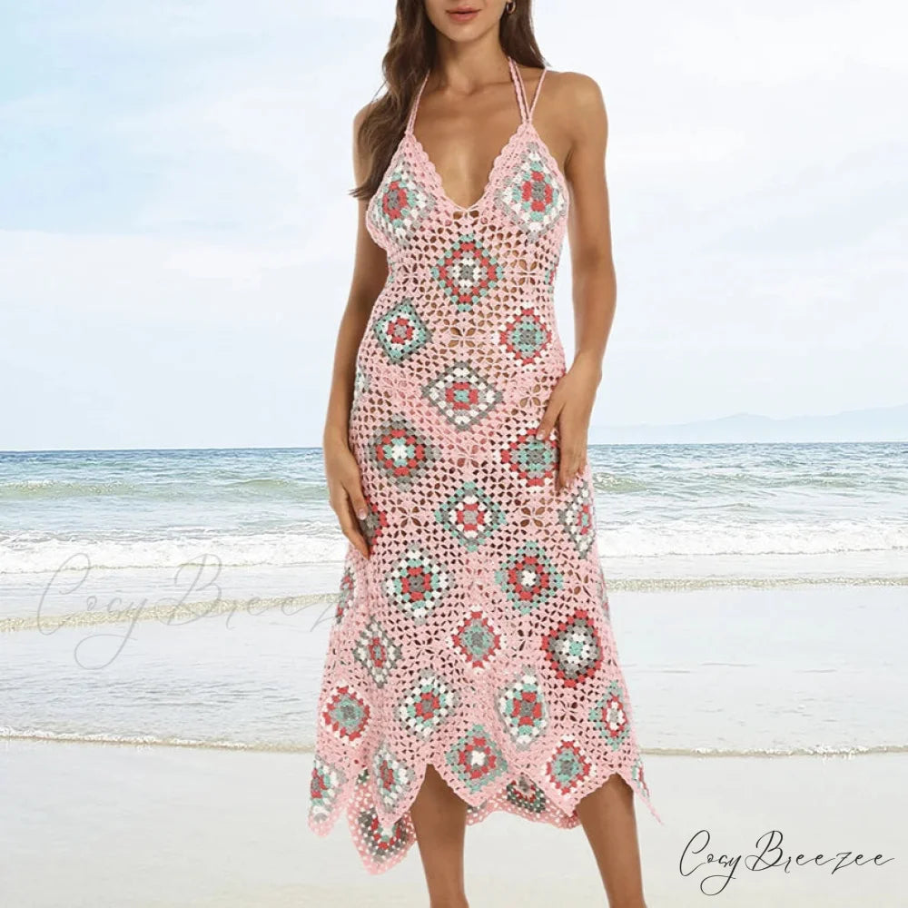 Ethnic Pattern Knitted Crochet Boho Dress Pink / XS bohodress-250126