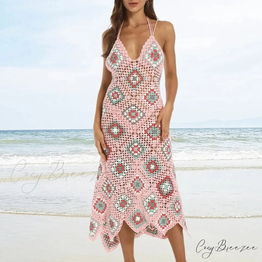 Ethnic Pattern Knitted Crochet Boho Dress Pink / XS bohodress-250126