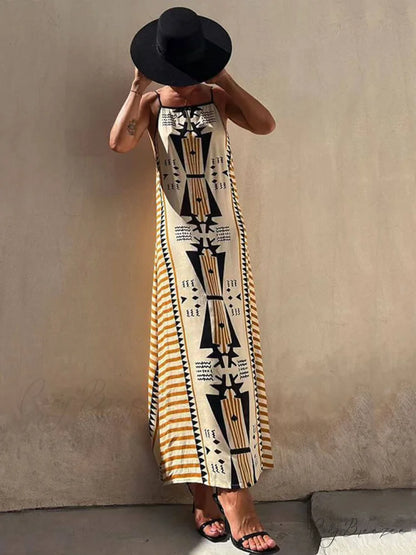 Ethnic Print Backless Charming A-line Maxi Dress Yellow / S