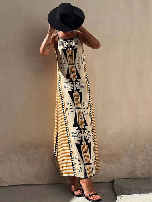 Ethnic Print Backless Charming A-line Maxi Dress Yellow / S