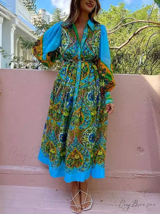Ethnic Print Cardigan Charming Lace-Up Lapel Long-Sleeved Dress Multicolor / S