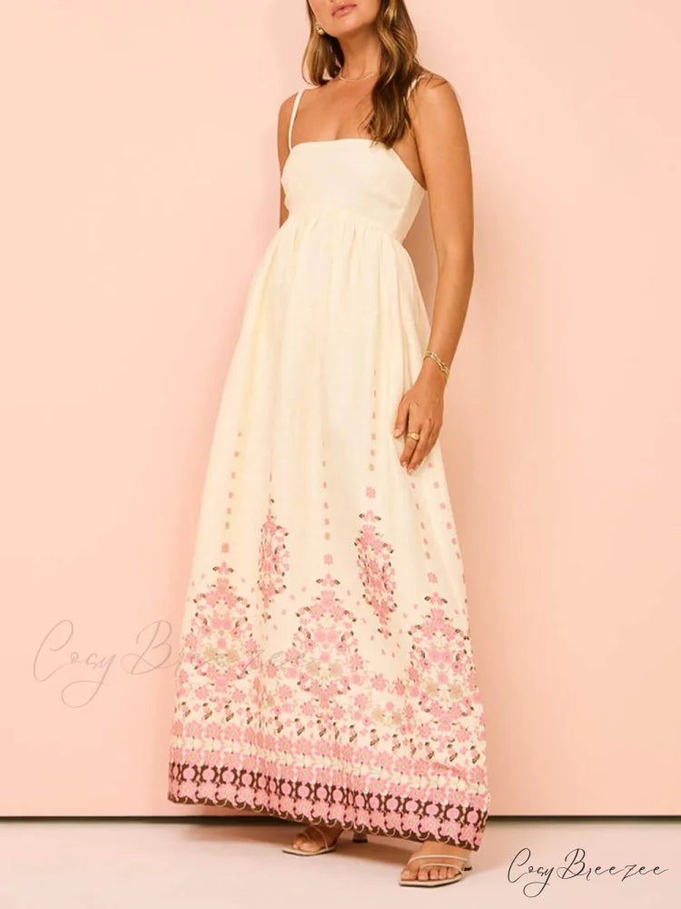 Ethnic Print Halter Charming Cream Extra Maxi Dress