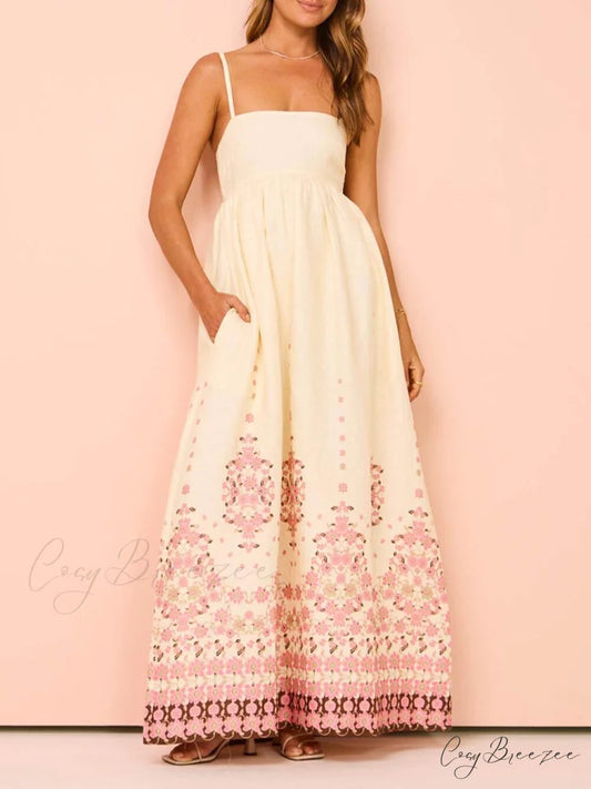 Ethnic Print Halter Charming Cream Extra Maxi Dress Cream / S