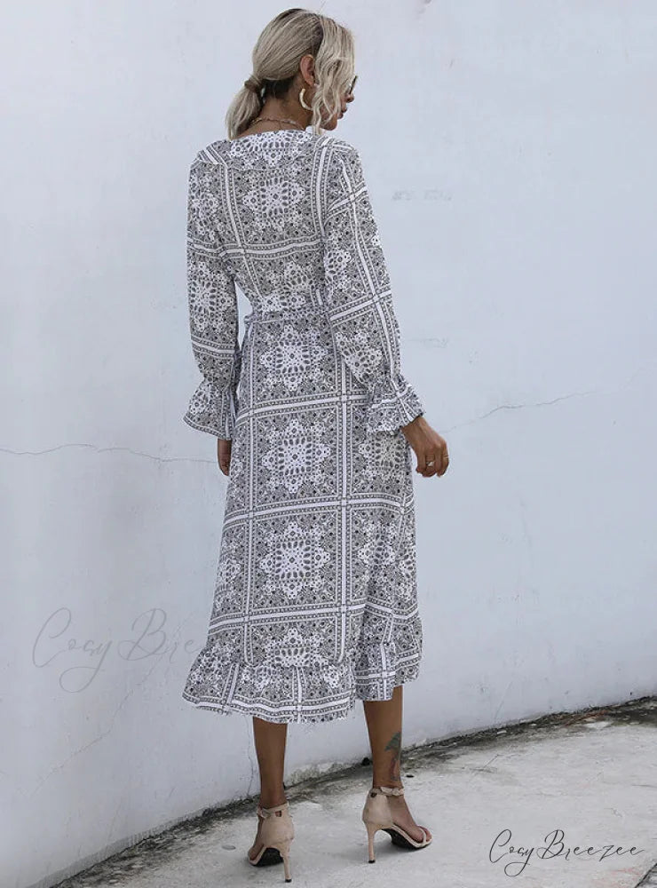 Ethnic Print Mid-Length Temperament Dress M / black