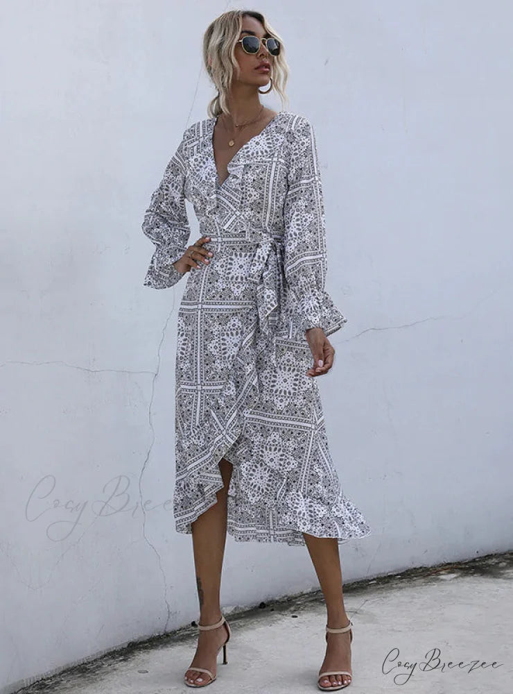Ethnic Print Mid-Length Temperament Dress M / white