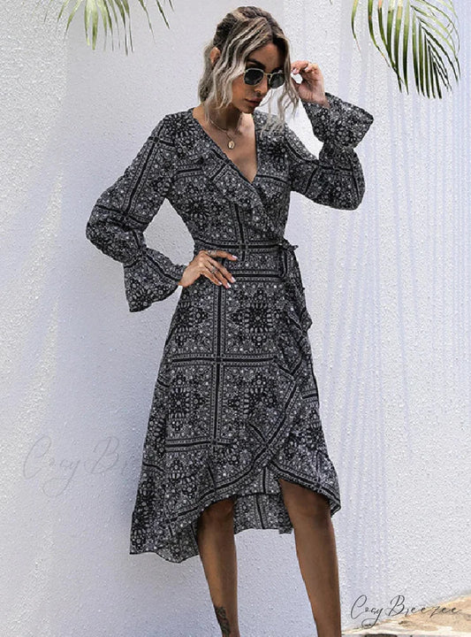 Ethnic Print Mid-Length Temperament Dress S / white