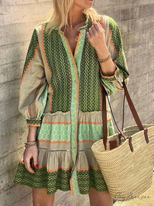 Ethnic Print Three-quarter Charming Sleeve Mini Dress Green / S