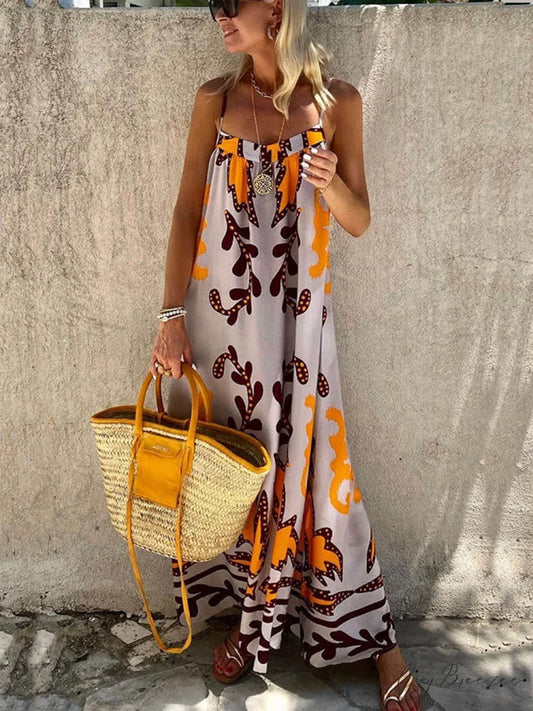 Ethnic Printed Loose Charming Cami Maxi Dress Multicolor / S
