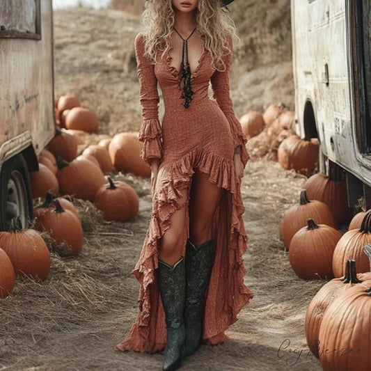 Ethnic Retro Solid Ruffle Boho Dress bohodress-250126