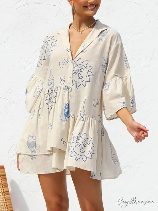 Ethnic Style Loose Charming Shirt Short Dress Blue / S