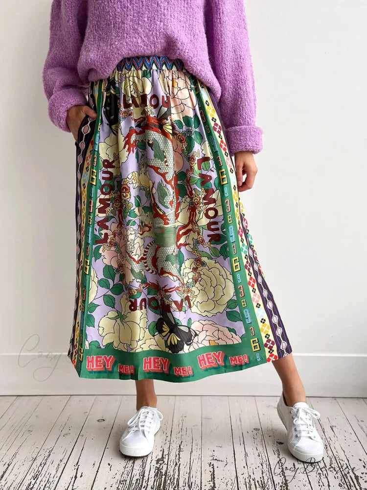 Ethnic Style Personalized Graffiti Graceful Casual Satin Print Skirt