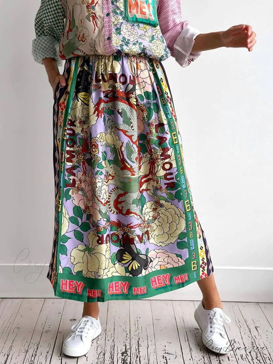 Ethnic Style Personalized Graffiti Graceful Casual Satin Print Skirt Multicolor / S