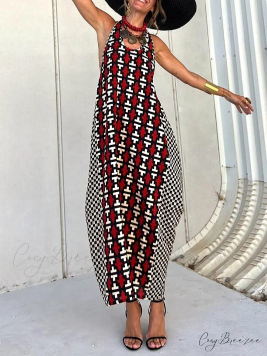 Ethnic Unique Print Lantern Graceful Cut Tank Maxi Dress Red / S