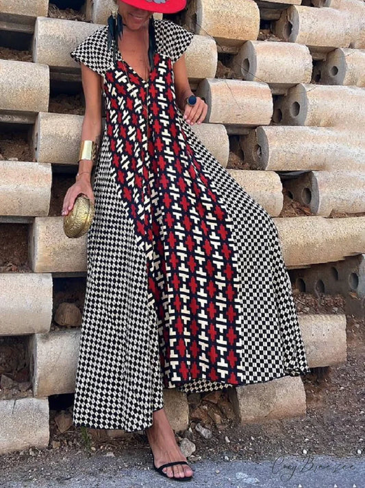 Ethnic Unique Print Ruffle Graceful Sleeve A-line Maxi Dress Red / S