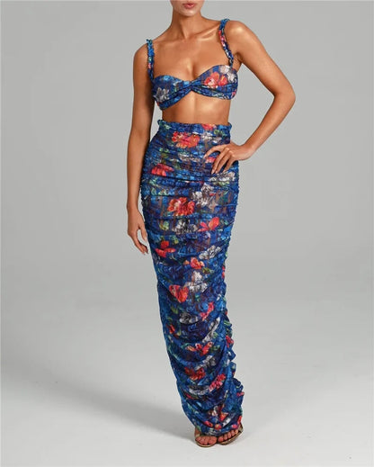 Alyssa Strapless Ruched Print Sexy Top And Skirt Set