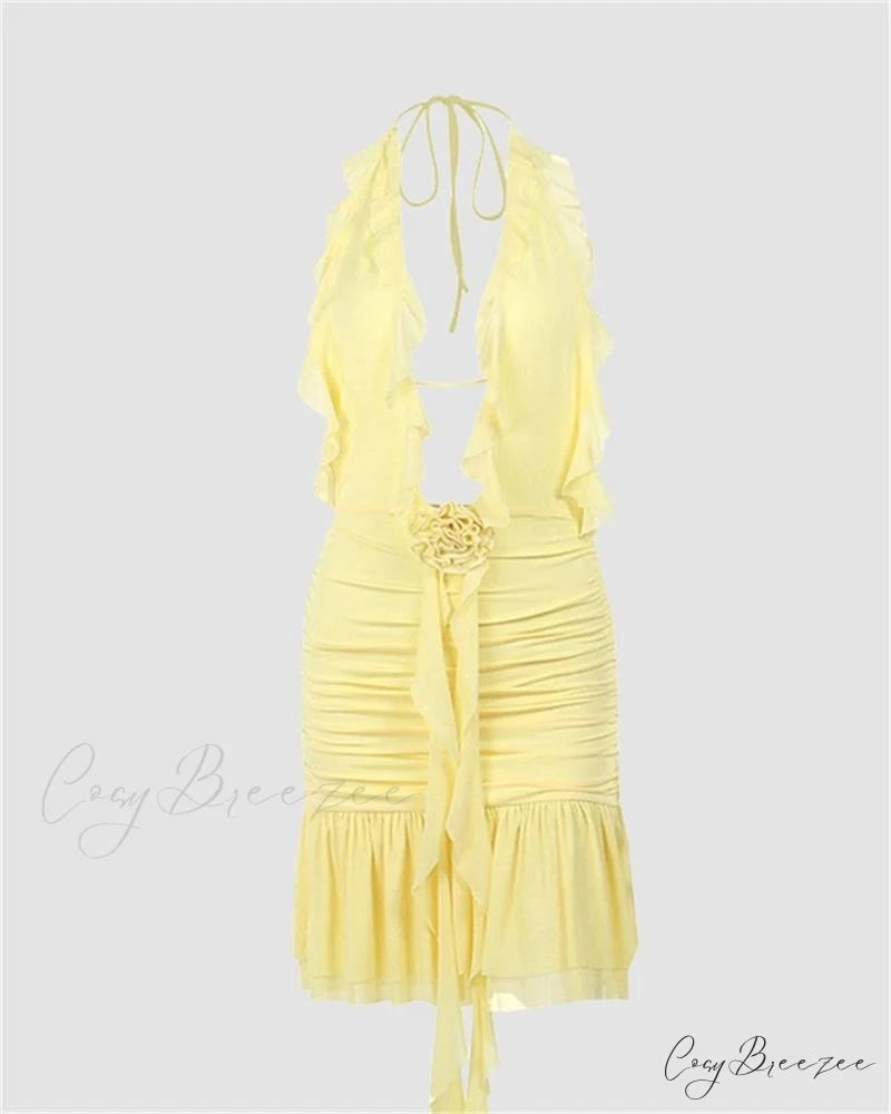 Eulimene Elegant Ruffle Dress Yellow / XS