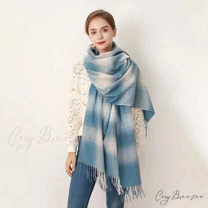 Europe Gradient Plaid Acrylic Cashmere Long Muffler Scarf blue green / L200cm W84cm