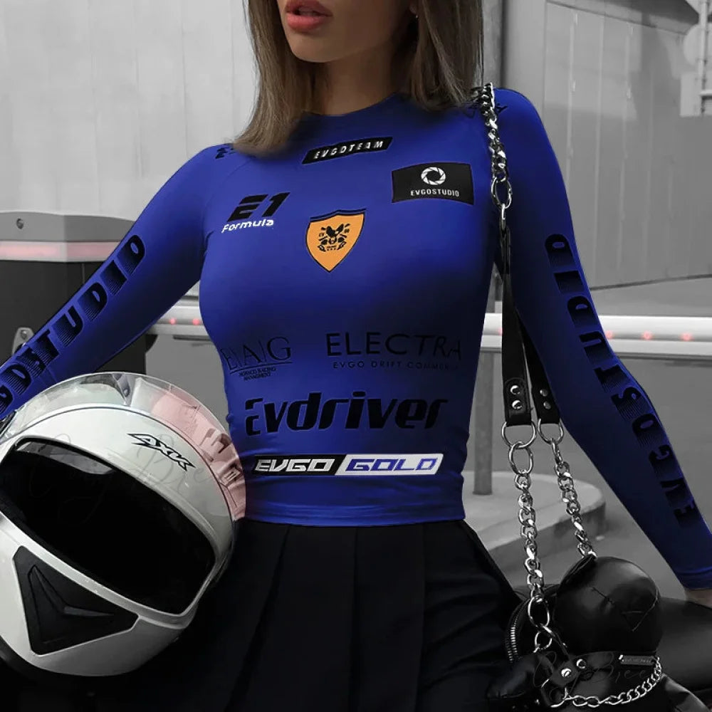 European American Motorcycle Style Letter Print Slim Knit Top Blue / S knittop-250126