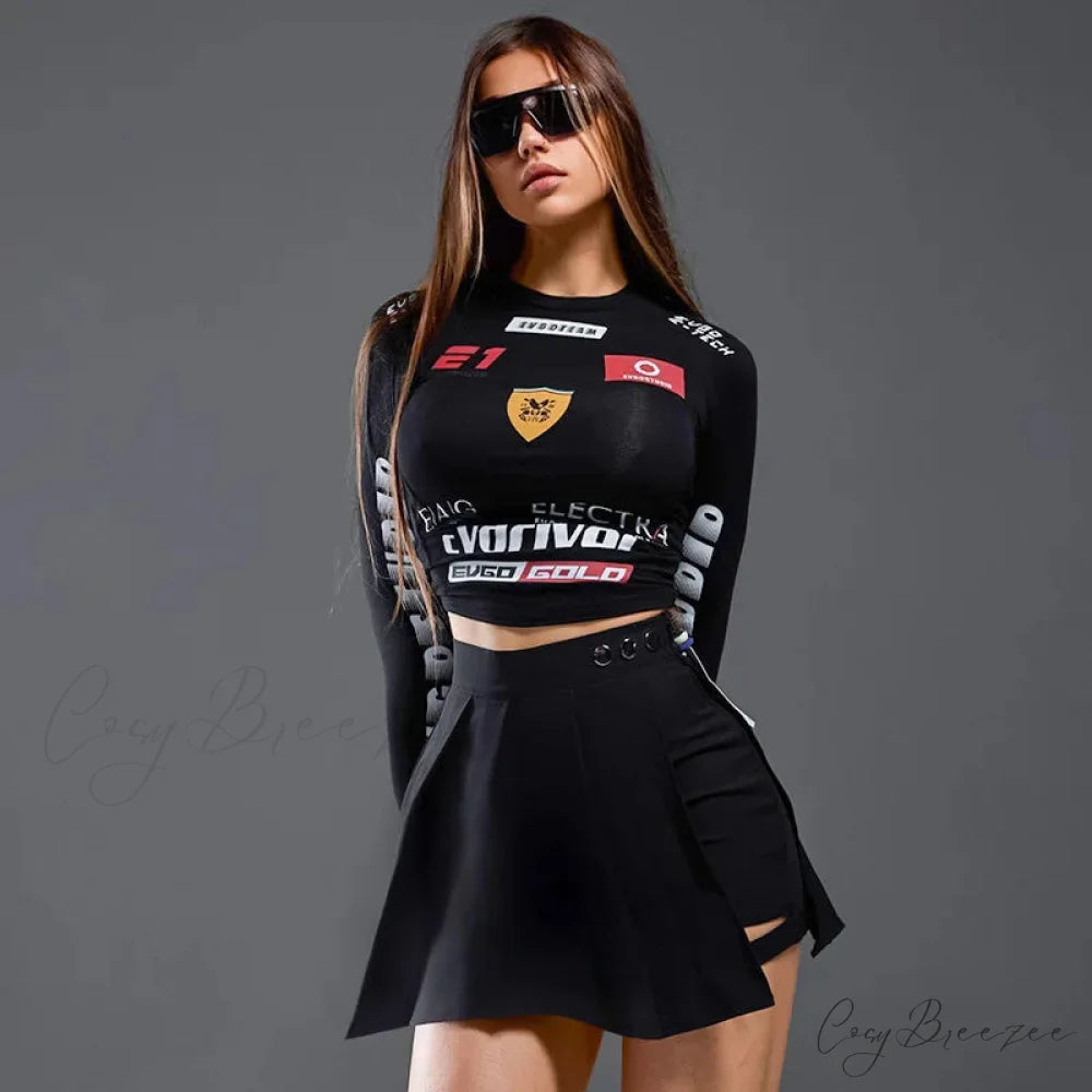 European American Motorcycle Style Letter Print Slim Knit Top knittop-250126