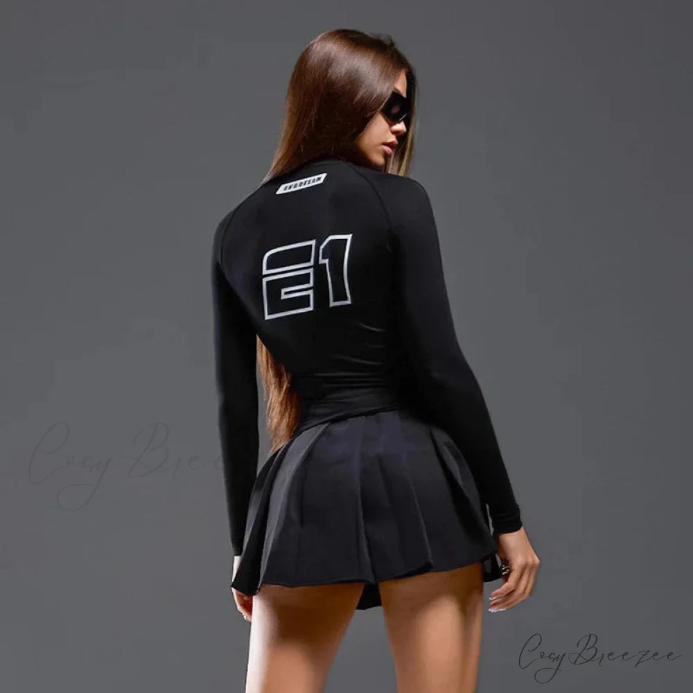 European American Motorcycle Style Letter Print Slim Knit Top knittop-250126