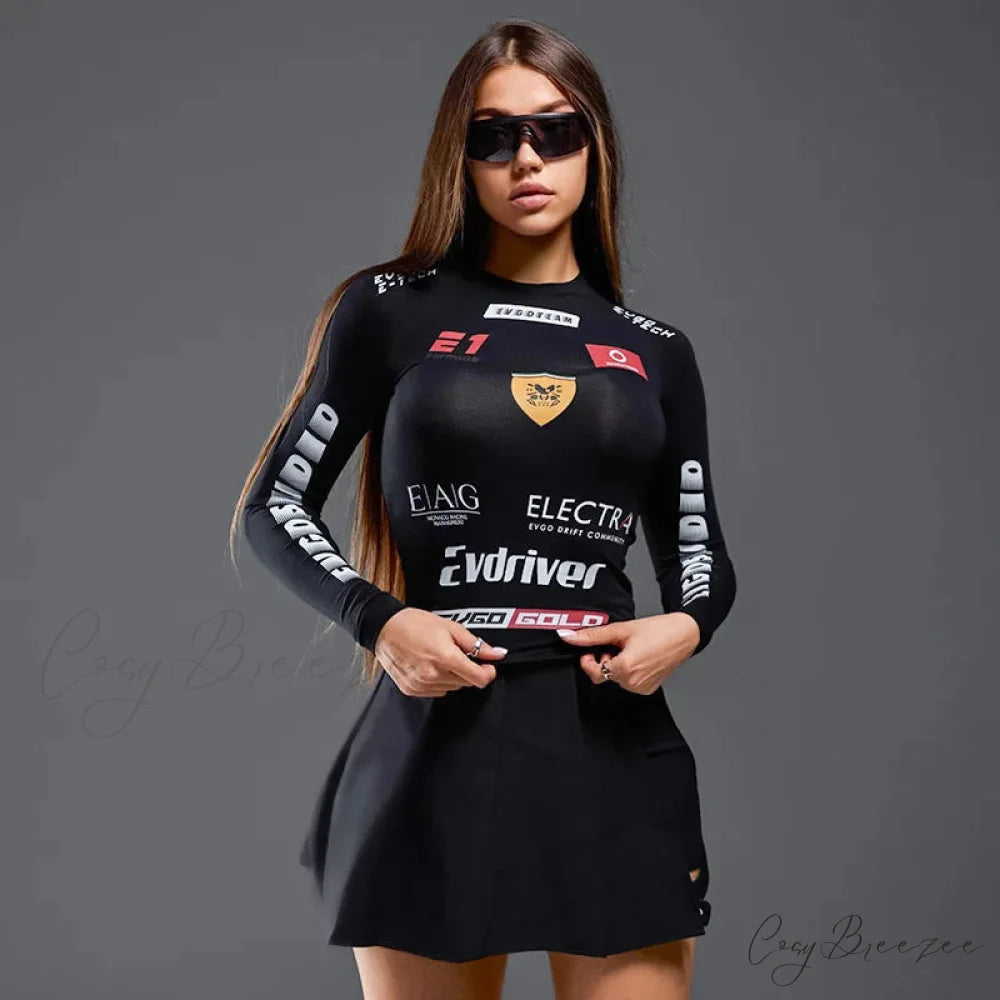 European American Motorcycle Style Letter Print Slim Knit Top knittop-250126