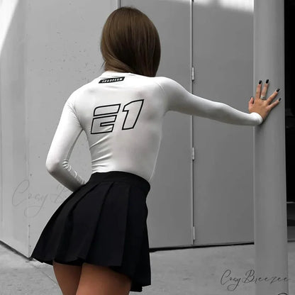 European American Motorcycle Style Letter Print Slim Knit Top knittop-250126