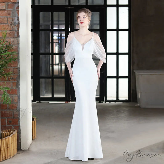 Evelyn V-Neck Off The Graceful Shoulder Mermaid Prom Dress WHITE / XS
